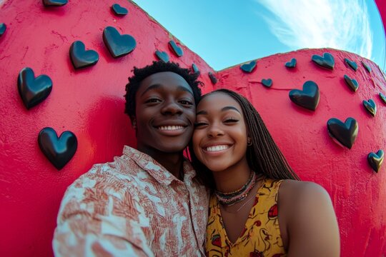 Sign of love and affection. Valentine's day, soulmatescouple: remarkable striking image of loving black juvenile couple. Commercial digital ads concept art. Digital romance. Flirty couple.