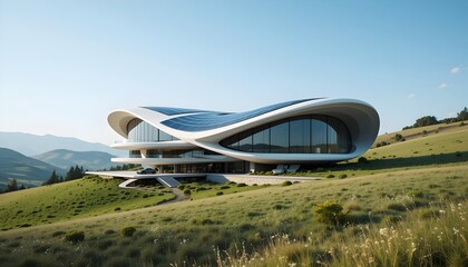 Futuristic Mansion with Solar Roof on Hillside
