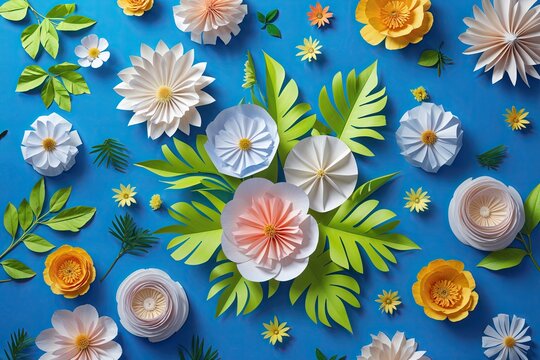 Beautiful Ephemeral Paper Flowers and Lush Green Leaves on a Bright Blue Background with Customizable Text Area