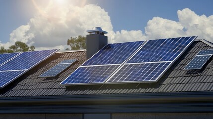 Fototapeta premium Sustainable Home Solar Panels on Roof Clean Energy Green Technology