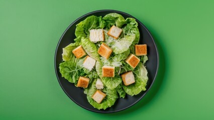  A vibrant and fresh Caesar salad adorned with rich Parmesan and crunchy croutons