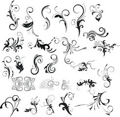 Calligraphic swirl flourish. Modern swirling flourishes, wreath, romantic card decorative swirl and wedding card decor curls swirles dividers set. Black curly thin lines, filigree ornaments baroque