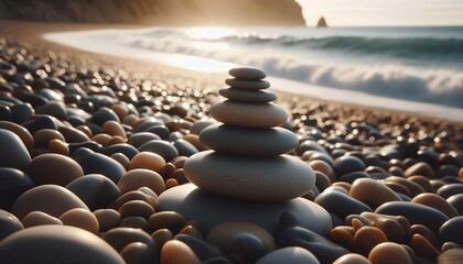 Obraz premium Zen Stone Stack on a Tranquil Beach at Sunset.