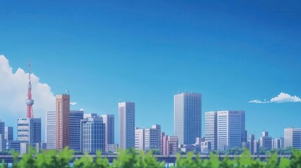 Fototapeta premium An anime-style image showing a metropolitan city with tall buildings, blue sky, and white clouds