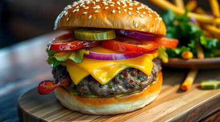 A delicious looking burger with a juicy patty, crispy bacon strips, melted cheddar cheese, fresh lettuce, and ripe tomato