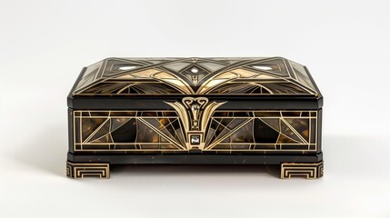 A realistic Art Deco jewelry box with detailed patterns and elegant design, captured in high-definition against a clean white background, showcasing its fine craftsmanship.