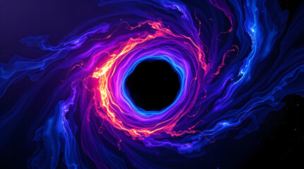 A swirling black hole with vibrant, electric blue and purple hues, set against a deep, inky black space