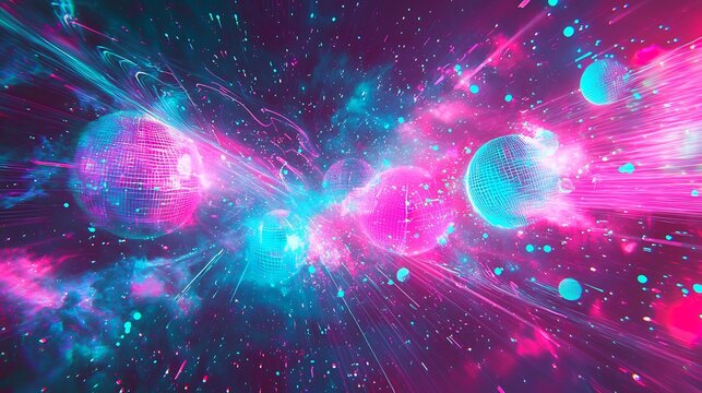 Retro sci fi abstract design featuring anaglyph chromatic aberrations futuristic holographic elements and a neon pink and blue rave aesthetic