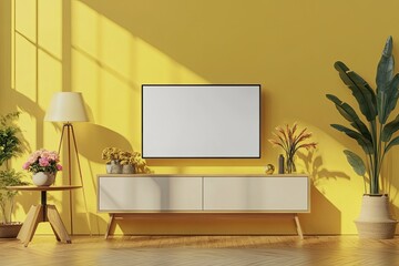 Tv on Cabinet in Modern Living Room with Lamp, Table, Flower and Plant on Cement Wall