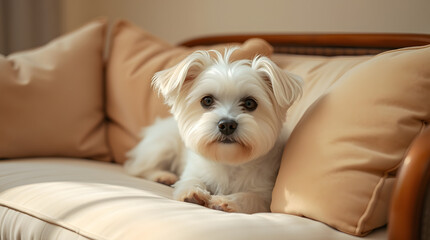 A cute Maltese dog sits comfortably on a couch 