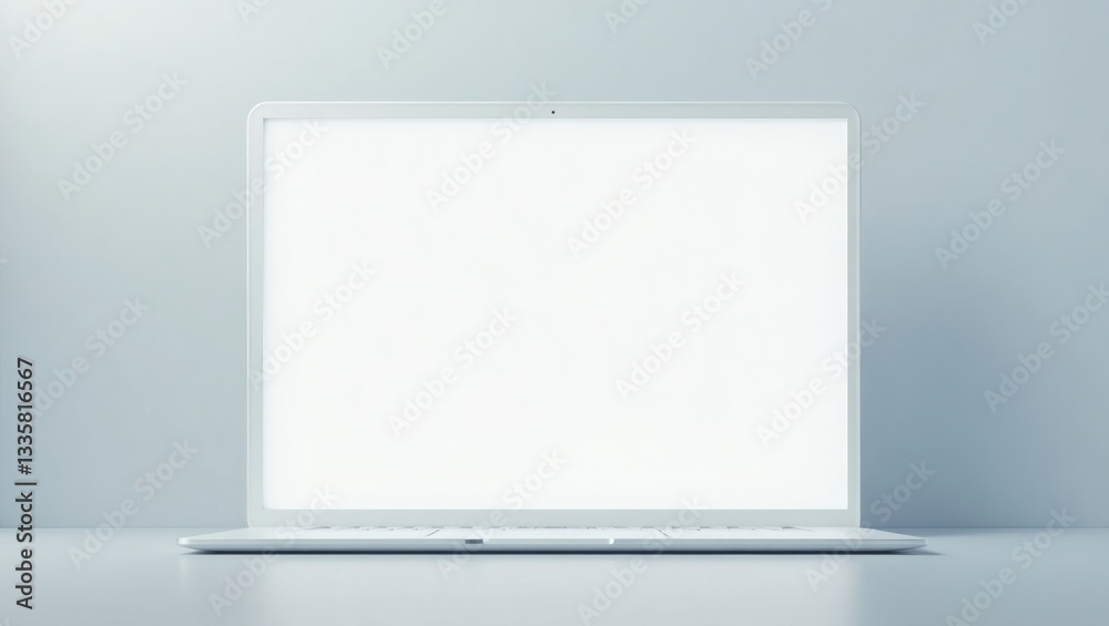 Poster a modern laptop computer with a bright, empty screen is placed on a desk
