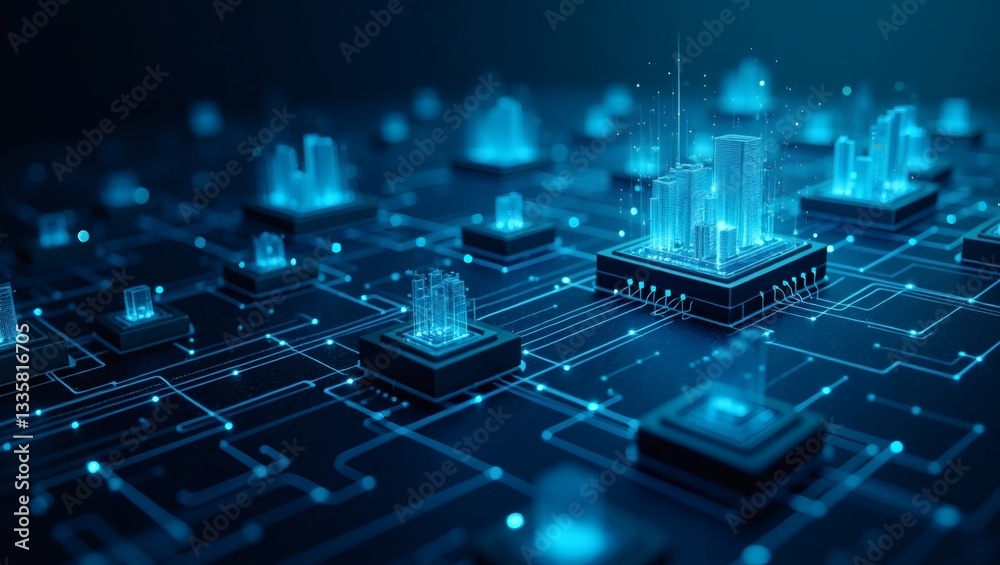 Poster futuristic digital cityscape with glowing blue lights and intricate circuits. this image is a vision