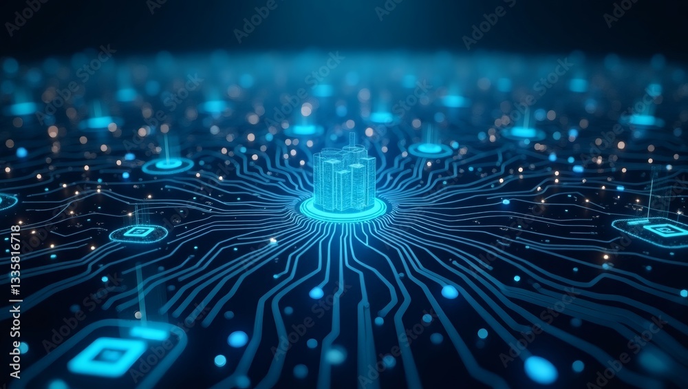 Poster glowing blue digital circuit board, representing the complexity and interconnectedness of modern tec