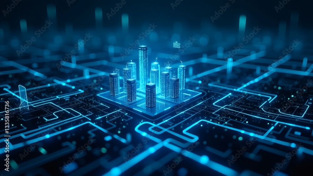 Poster a futuristic city-like design integrated into a computer chip, representing technological advancemen