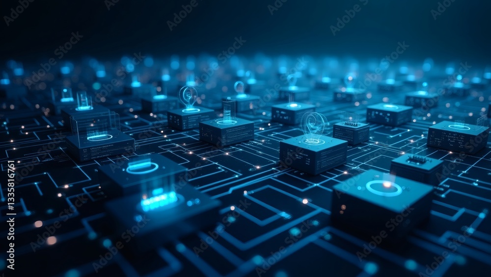 Poster glowing circuit board with interconnected processors and a digital matrix