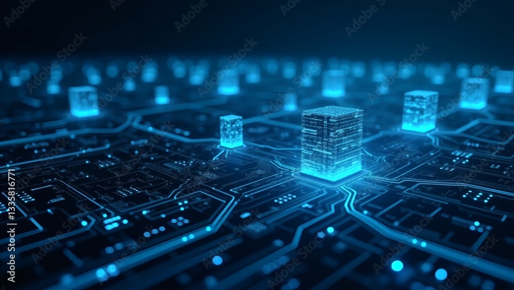 Poster A futuristic circuit board with glowing components. This image evokes a sense of technological advancement