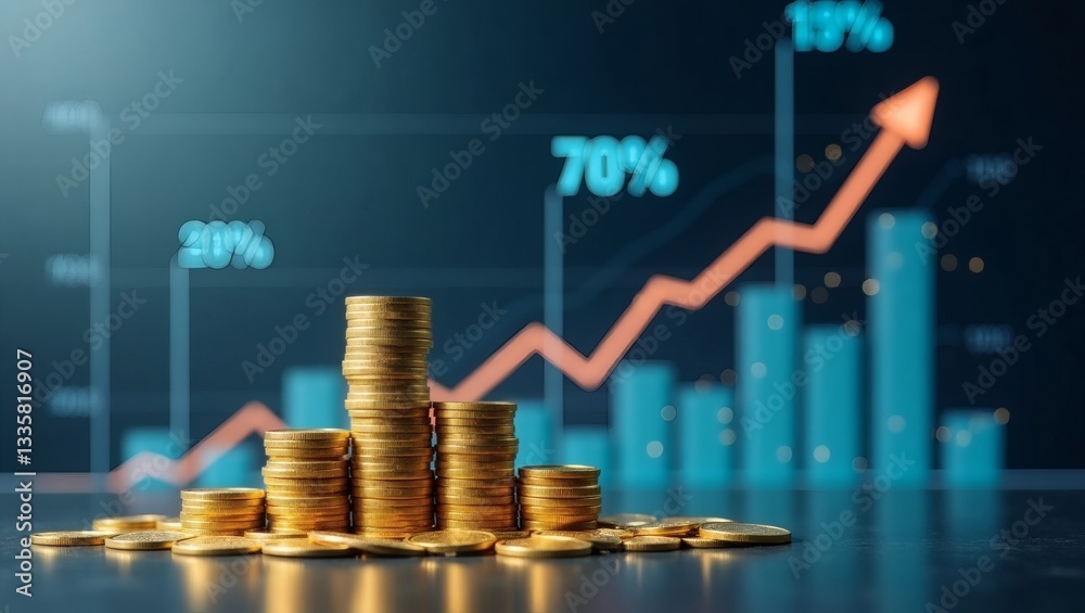 Poster stack of gold coins with a graph indicating financial growth and a rising arrow