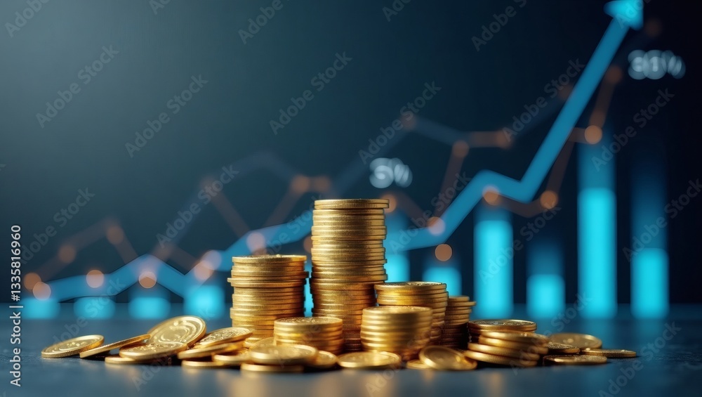 Poster gold coins stacked in piles with a graph of increasing financial growth in the background. shows fin