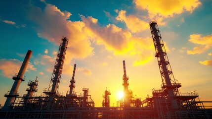 Obraz premium Dramatic Sunset over Oil Refinery Industrial Complex