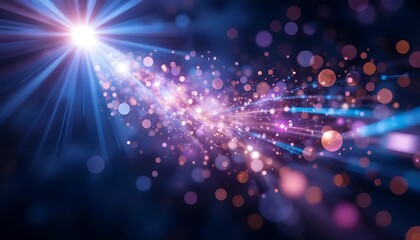 Naklejka premium A vibrant abstract background showcases a radiant light source emanating outwards, accompanied by a stream of sparkling particles in a variety of warm and cool colors, including pink, purple, and blue