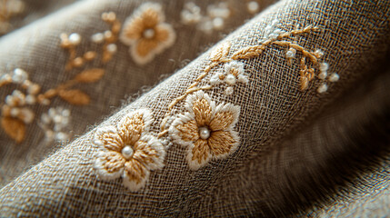 Close-up of embroidered fabric with delicate floral patterns.