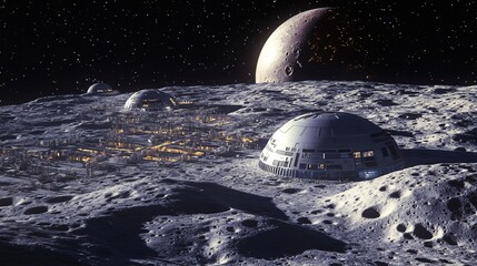 Futuristic lunar settlement with illuminated domes on cratered surface
