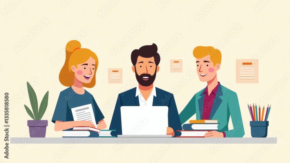 Poster group of colleagues working together at a desk with a laptop and documents. the scene is light and f