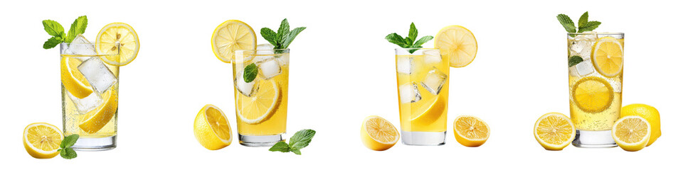 Multiple glasses of chilled lemon infused drinks garnished with fresh mint leaves and slices of lemon creating a colorful and refreshing display