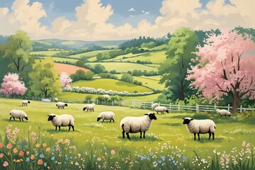 Fototapeta premium Charming Rural Landscape with Grazing Sheep and Vibrant Meadow Flowers on Soft Cream Background