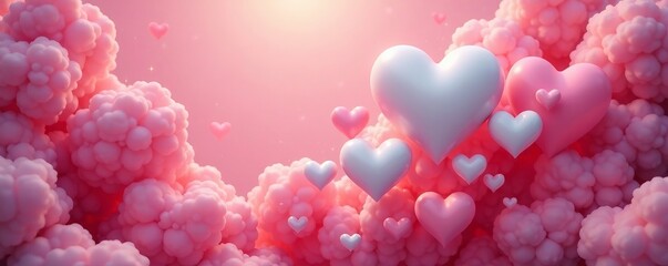 Colorful hearts floating amidst soft clouds, evoking peace and love in a dreamy atmosphere.