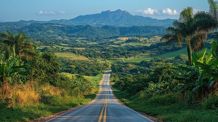 Obraz premium Serene Tropical Road Winding Through Lush Green Mountains