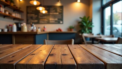 Cozy wooden table in a modern coffee shop with warm lighting and inviting ambiance.