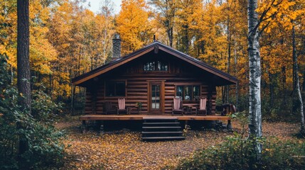 A cozy wooden cabin is nestled inside a colorful forest