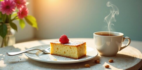 Delicious cake slice with raspberry beside steaming coffee on a cozy table setting.