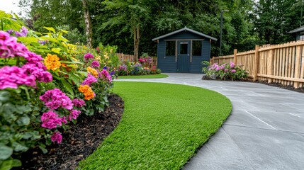Naklejka premium Serene Garden Design Artificial Turf Flowers Shed Fence Patio
