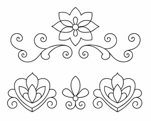 set of decorative floral motifs black and white patterns. floral design element 