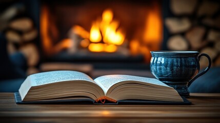 Naklejka premium Cozy fireplace scene with open book and mug.