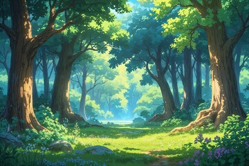 Fototapeta premium Magical Fantasy Anime Forest Background with Vibrant Trees and Tranquil Nature
