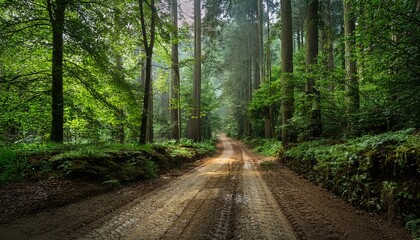 Fototapeta premium dirt road in dense green forest