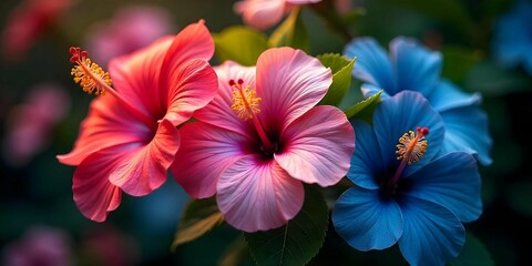close-up pink and blue hibiscus flowers  with leaves are a bright green.The petals are a mix of pink, blue, and yellow, with hints of orange and red hibiscus flowers the dark background.