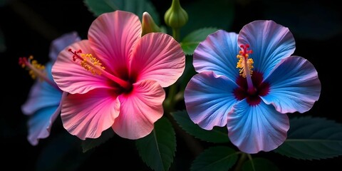 close-up pink and blue hibiscus flowers  with leaves are a bright green.The petals are a mix of pink, blue, and yellow, with hints of orange and red hibiscus flowers the dark background.