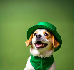 A cute dog wearing green hat  at St.Patrick's day, pet concept.