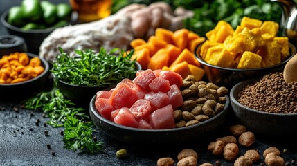 Fototapeta premium A diverse array of different foods beautifully spread out on a dining table ready for enjoyment