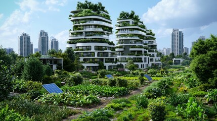 Fototapeta premium Eco Friendly Futuristic City Sustainable Skyscrapers Rooftop Gardens Solar Panels