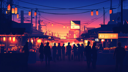 Vibrant sunset over a bustling market street filled with silhouettes of people and colorful stalls