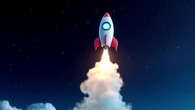 Red and White Rocket Launching into the Blue Sky with Fire Trail