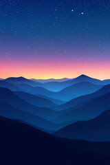 Serene twilight over rolling mountains with a starry sky, creating a peaceful natural landscape