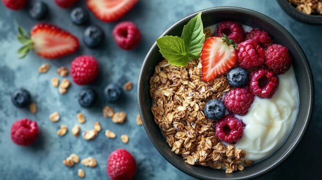 A delicious bowl of grano de grano with yories and berries for a wholesome and tasty meal