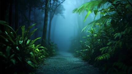 Fototapeta premium Mystical Foggy Forest Path Lush Tropical Plants Night Scene