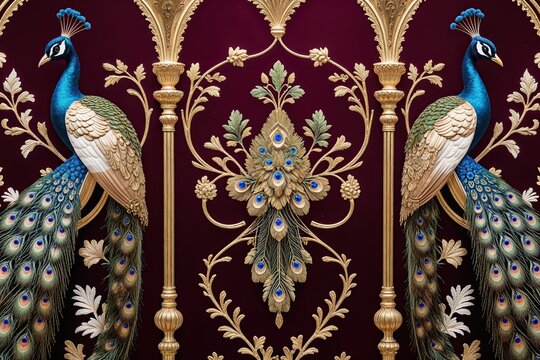 Luxurious Burgundy Velvet Wallpaper Mural with Elegant Peacock Motif and Gold Highlights